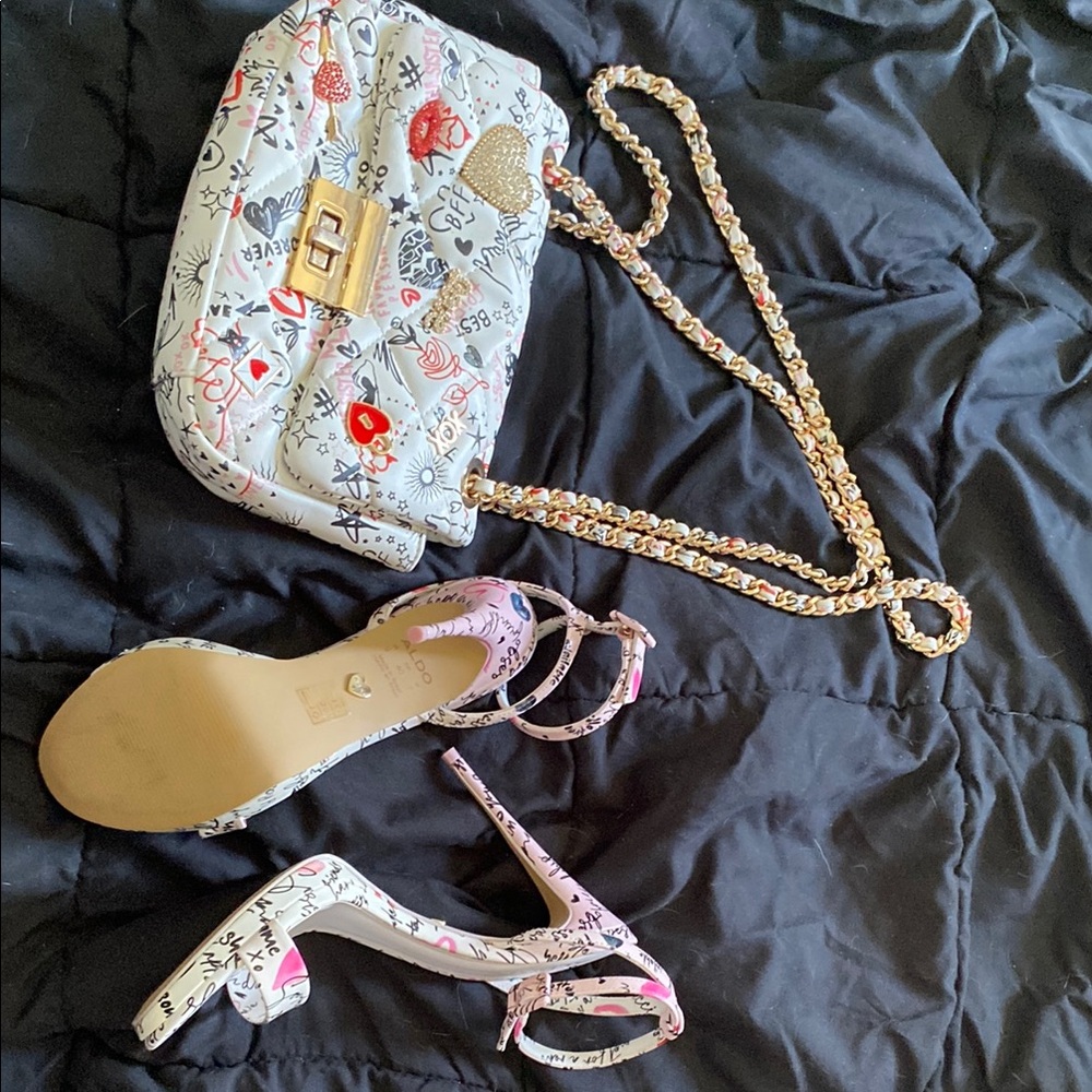 White “i love you” Patterned Handbag and Heels Set